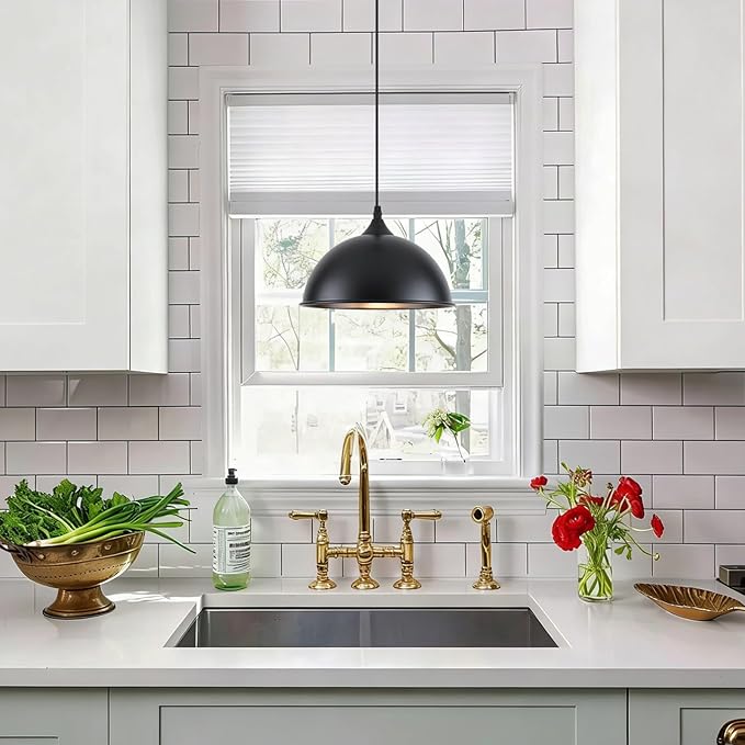 9.8 inch Farmhouse Pendant Lights Kitchen Island 3 Pack, Matte Black Dome Pendant Lights, Industrial Kitchen Pendant Lighting, Island Lights for Kitchen, Dining Room