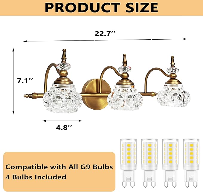 Montex Brass Bathroom Light Fixtures, Gold Vanity Light Vintage, Bathroom Vanity Light Fixtures, Wall Sconces Lighting for Bedroom, Living Room, Hallway, 3 Lights