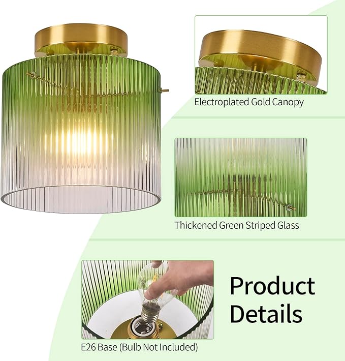 Modern Semi Flush Mount Ceiling Light, Vintage Gradient Green Glass Ceiling Light Fixture, for Closet Dining Room Kitchen Bedroom Entryway Hallway Hanging Lamp