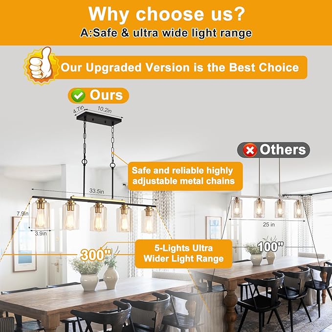 34" Dining Room Light Fixture/Chandelier Over Table, 5-Light Black and Gold Kitchen Island Lighting with Clear Glass Shade, Modern Hanging Pendant Lights Fixture for Kitchen Island Dining Room