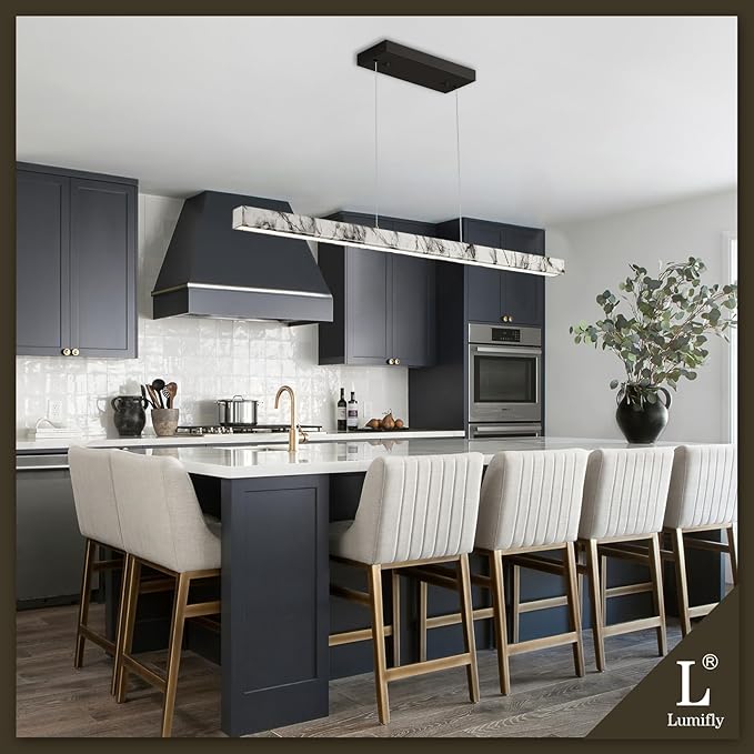 39” Linear Pendant Lights for Kitchen Island, Modern LED Chandelier for Dining Room, Dimmable Hanging Light Fixture with Remote for Office Pool Table, Marble Pattern