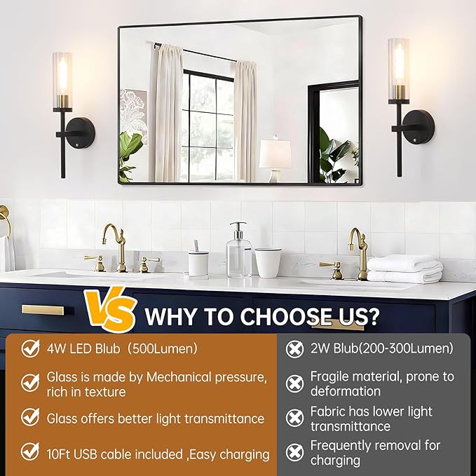 Shenmoyl Battery Operated Wall Sconces Set of 2, Black & Gold Rechargeable Wall Lighting Fixtures, Dimmable Wall Lights with Remote & Clear Glass Shade for Living Room, Bathroom,Bedroom