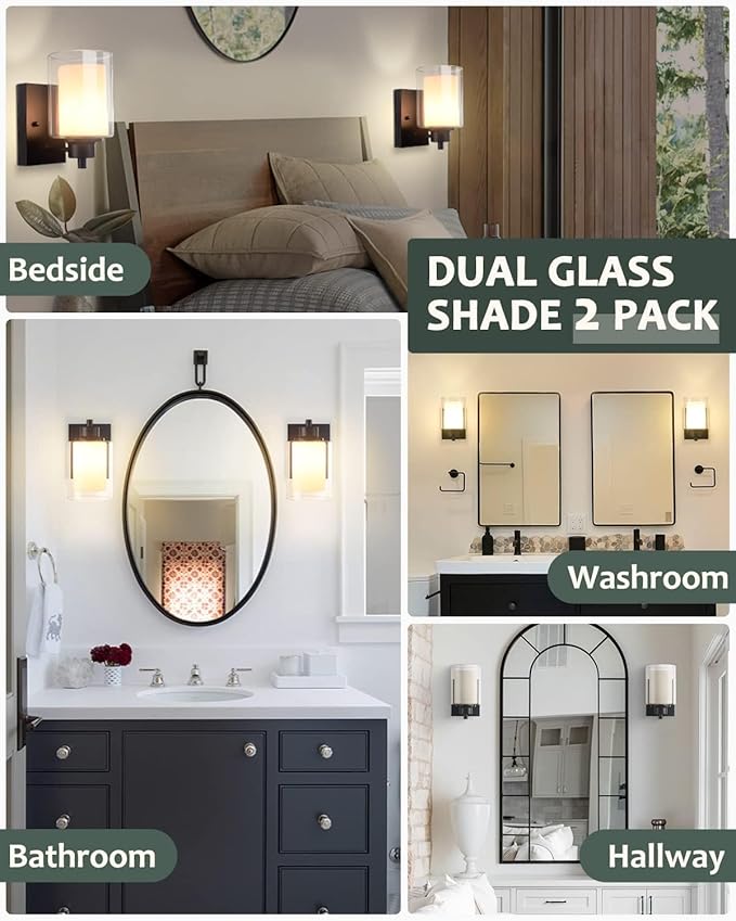 3 Pack Bath Vanity Light Fixtures 1-Light, Indoor Black Wall Light with Dual Glass Shade, Farmhouse Bathroom Wall Scone