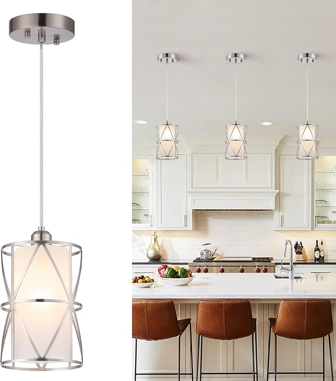 Pendant Light with Frosted Glass, Modern Pendant Lights Kitchen Island, Brushed Nickel Pendant Light Fixtures, Cylindrical Pendant Lighting for Kitchen Island, Dining Room, Foyer