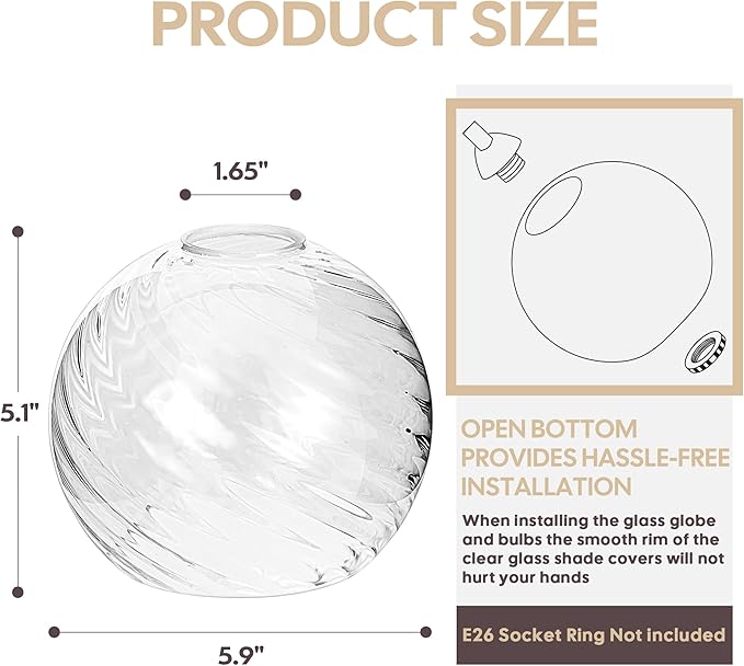 3 Pack Clear Striped Glass Shade Replacements, Globe Water Ripple Glass Lamp Shade Covers for Light Fixtures, 1.65 Inch Fitter Globes Lampshades for Wall Sconces Chandelier Pendant Lights