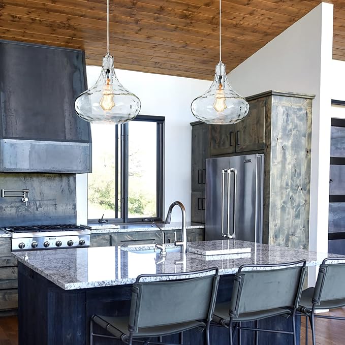 Farmhouse Vintage Glass Pendant Light with Handblown Hammered Shade - Adjustable Hanging Cord for Kitchen Island, Dining Room, Hallway - 11 Inch Chrome Ceiling Fixture