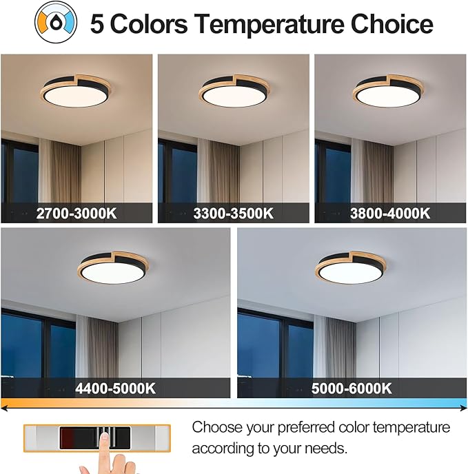 Modern Dimmable LED Flush Mount Ceiling Light Fixture,Round Close to Ceiling Lighting,Matte Black with Wood Accent,Minimalist Kitchen Light Fixtures for Bedroom,Entryway,Living Room,11.81in