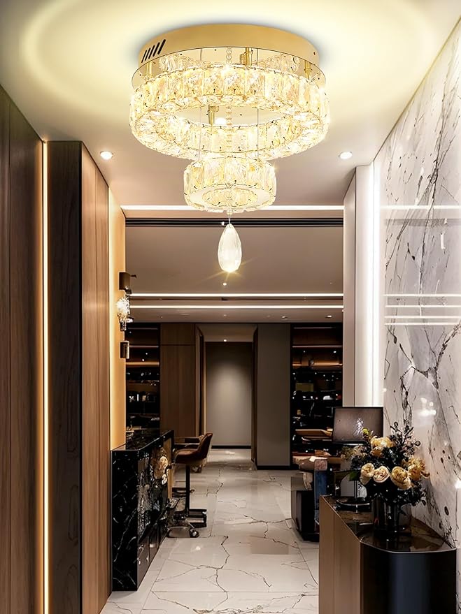 Flashing God Dia 12" Mini Chandelier Modern Crystal Chandeliers for Hallway Gold Flush Mount Ceiling Light Modern Chandeliers Lighting for Bedroom Staircase Kitchen