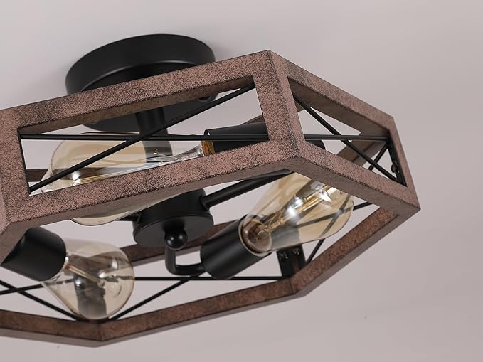3-Light Rustic Farmhouse Metal Flush Mount Ceiling Light Fixture 14.5 inch Antique Oak Hexagon Cage Semi Flush Mount Ceiling Light for Hallway Hall Entry Bedroom Kitchen Farmhouse, Black
