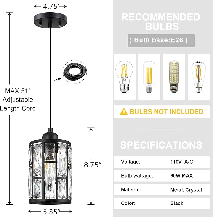 3 Pack 1 Light 5.4" Crystal Shade Hanging Kitchen Island Pendant Light Black Finish,Modern Pendant Fixture with Crystal Metal Shade for Bar,Dining Room,Living Room Over Sink