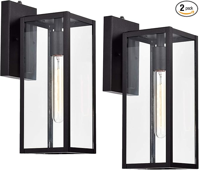 MICSIU 2 Pack Dusk to Dawn Outdoor Lighting, 14.5 Inch Modern Farmhouse Exterior Wall Sconce with Clear Glass, Industrial Black Outside Porch Lights for House Garage Entryway, E26 Base, ETL Listed