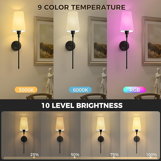 DORESshop Battery Operated Wall Sconce Set of 2, Wireless Wall Light Easy to Install, 15 Color Rechargeable Wall Sconces, Sconce Wall Decor Set of 2 for Bedroom, Living Room, Black, 27in