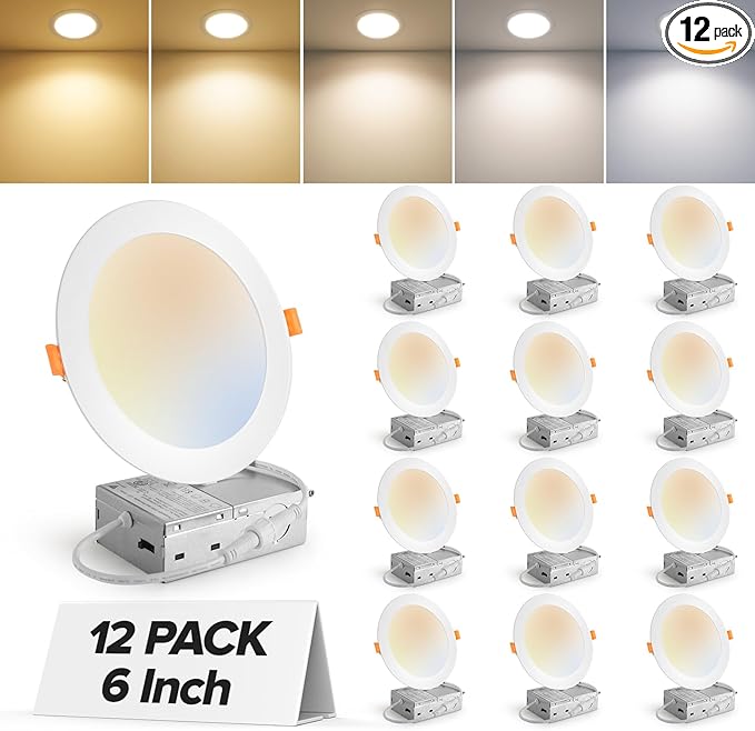 MAILCOS 12 Pack 6 Inch 5CCT Ultra-Thin LED Recessed Ceiling Light with Junction Box, 2700K-5000K Selectable, 1050LM High Brightness, Dimmable Canless Wafer Downlight, 12W 120V, ETL