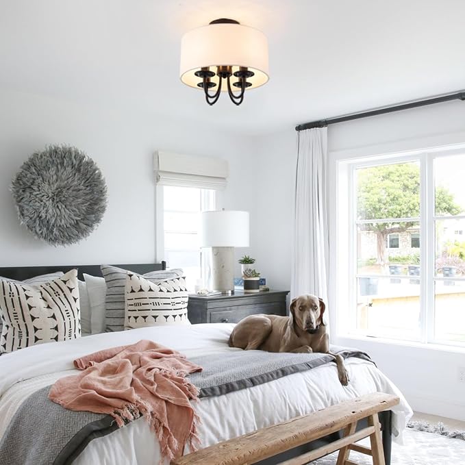 VILUXY Semi-Flush Mount Ceiling Light Fixture Off-White Fabric Drum Shade Modern Chandelier Black Finish for Bedroom, Dining Room, Corridor, Living Room 4-Light