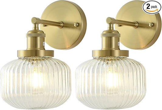Vintage Wall Sconces with Clear Pumpkin Glass Lampshade, Indoor Bathroom Wall Sconce, Modern Gold Industrial Lighting Fixture for Mirror Living Room Hallway 2 Pack