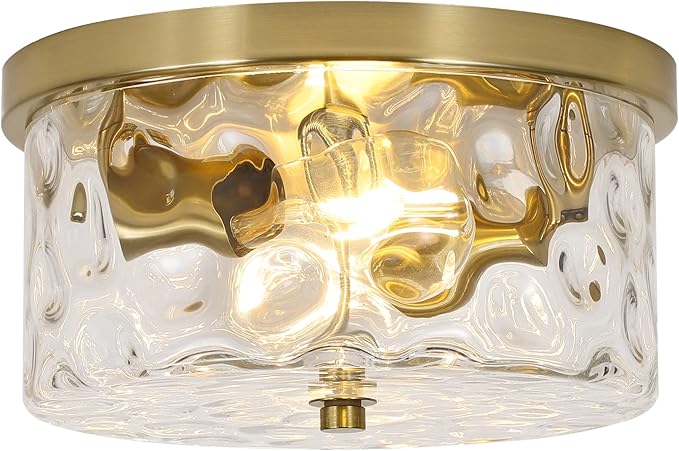 Krychiler 2-Light Flush Mount Ceiling Lights, 9.8 inch Foyer Lighting Fixtures with Ripple Glass Shade, Kitchen Lights Flush Ceiling Light Fixture for Bedroom, Island (Gold)