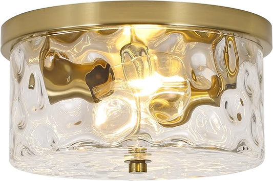 Krychiler 2-Light Flush Mount Ceiling Lights, 9.8 inch Foyer Lighting Fixtures with Ripple Glass Shade, Kitchen Lights Flush Ceiling Light Fixture for Bedroom, Island (Gold)