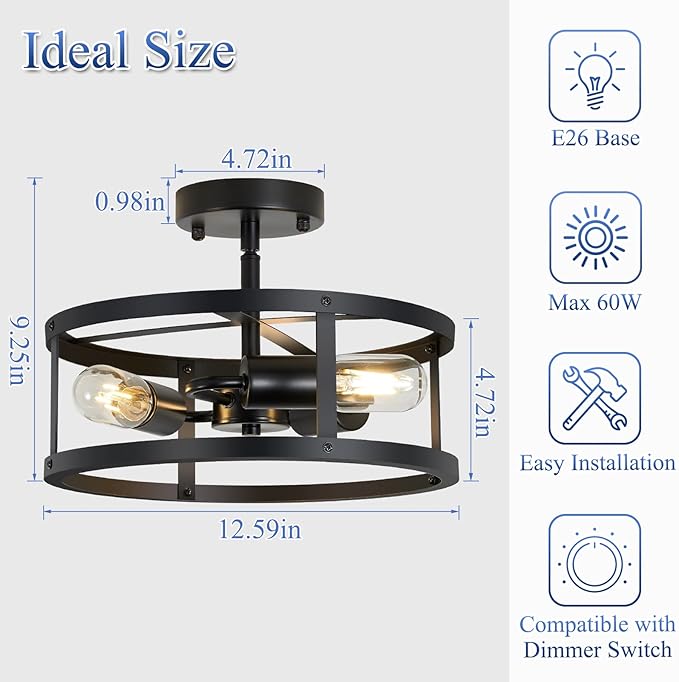 3-Light Semi Flush Mount Ceiling Light, Farmhouse Black Metal Cage Fixture, Industrial Lighting for Kitchen Foyer Hallway Entryway 2 Pack