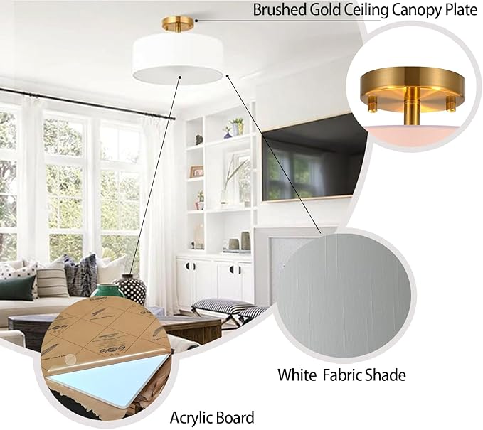 15 Inch Drum Light, Semi-Flush Mount Ceiling Light Fixture White Fabric Drum Shade and Gold Plating Finish,Ceiling lamp for Bedroom, Dining Room, Corridor, Living Room