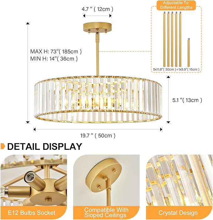 Glod Crystal Ceiling Light Fixture, Modern Semi Flush Chandelier, Round Hanging Lighting Chandeliers for Dining Room, Kitchen, Bedroom, 6-Light, 19.68 Inch