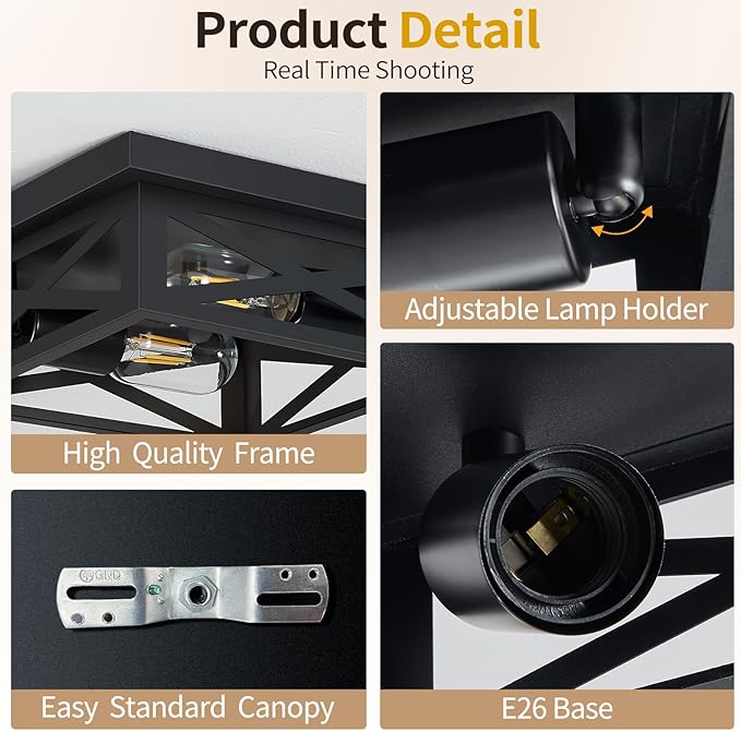 ZHU YAN Farmhouse Ceiling Lights Flush Mount,2-Light Hallway Light Fixtures,Square Black Flush Mount Ceiling Light Fixture for Bedroom Living Room Kitchen Hallway E26