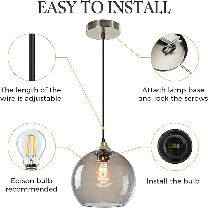 7.1in Medium Light Gray Glass Pendant Light for Kitchen Island, 3-Pack with Extra LED Bulbs & 4.92ft Adjustable Cord | Modern Minimalist Lighting for Dining Room, Living Room, Entryway