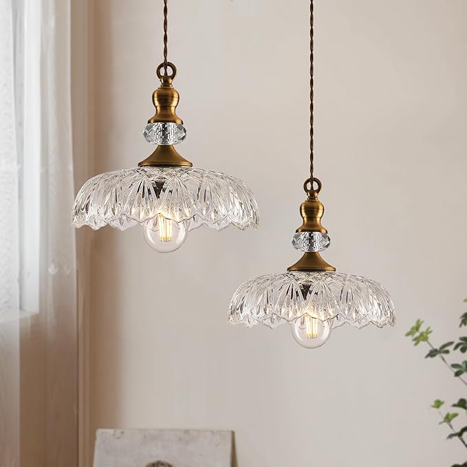 CVKASH Vintage Glass Pendant Light Fixture 2-Pack Brass Modern Adjustable Chandelier Farmhouse Hanging Ceiling Light for Hallway Porch Kitchen Bedroom Coffee Shop Dining Room