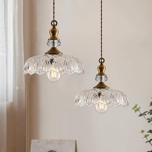 CVKASH Vintage Glass Pendant Light Fixture 2-Pack Brass Modern Adjustable Chandelier Farmhouse Hanging Ceiling Light for Hallway Porch Kitchen Bedroom Coffee Shop Dining Room