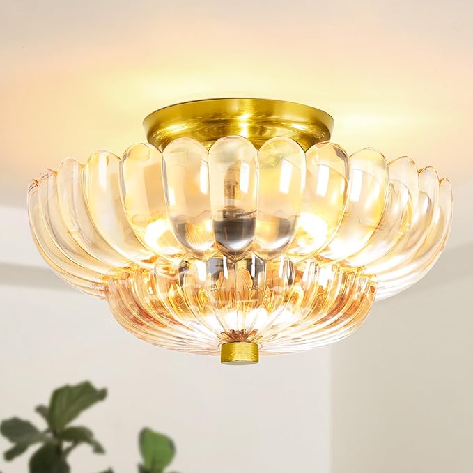 Semi Flush Mount Ceiling Light Fixture Vinatge Gold Ceiling Lights Mid Century Modern Glass Close to Ceiling Lighting Fixtures for Bedroom Hallway Foyer Bathroom Kitchen Laundry Room Nursery