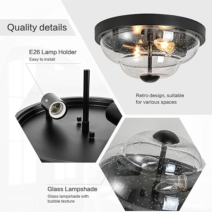 Flush Mount Ceiling Light Fixtures, 2-Light Ceiling Mount for Farmhouse with Seeded Glass Lampshade, Industrial Flush Mount Light Fixture Farmhouse for Hallway, Kitchen, Entryway,Bedroom