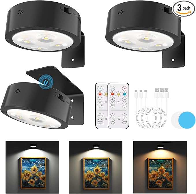 3 Pack Picture Lights for Wall, Rechargeable Battery Operated wall lights, Picture Frame lights with 3 Lighting Modes, Wireless Magnetic Painting Light with Remote Control Timer (Black, 3 Pack)