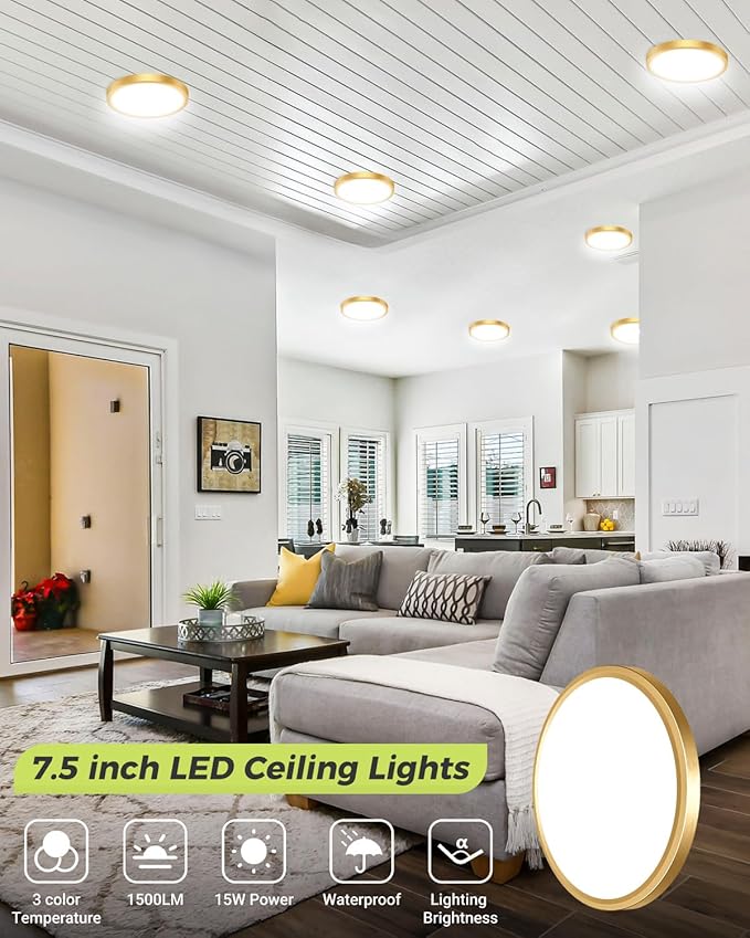 6PACK LED Flush Mount Ceiling Light, 3CCT Selectable 3000K-4000K-6500K & 100W Equivalent Modern Kitchen Recessed Ceiling Lamp 15W 1500Lm 7.5 Inch for Bathroom Closet Laundry Bedroom