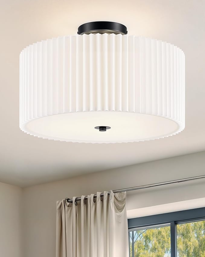 VONLUCE Semi-Flush Mount Ceiling Light, 15.7" Modern 3-Light Ceiling Light Fixture with White Pleated Drum Shade 3 E26 Sockets for Bedroom Entryway Living Room, Black Finish, ETL Certificated