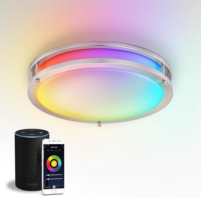 ASD LED 14" Round Flush Mount Lighting, Close to Ceiling Light Fixture | Smart, Multicolor, Dimmable, ETL Listed | 21W 1429LM RGB-2700-6500K 120V | Low Profile Double Ring Lamp | Nickel