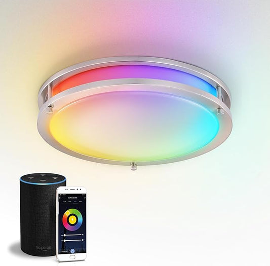 ASD LED 14" Round Flush Mount Lighting, Close to Ceiling Light Fixture | Smart, Multicolor, Dimmable, ETL Listed | 21W 1429LM RGB-2700-6500K 120V | Low Profile Double Ring Lamp | Nickel
