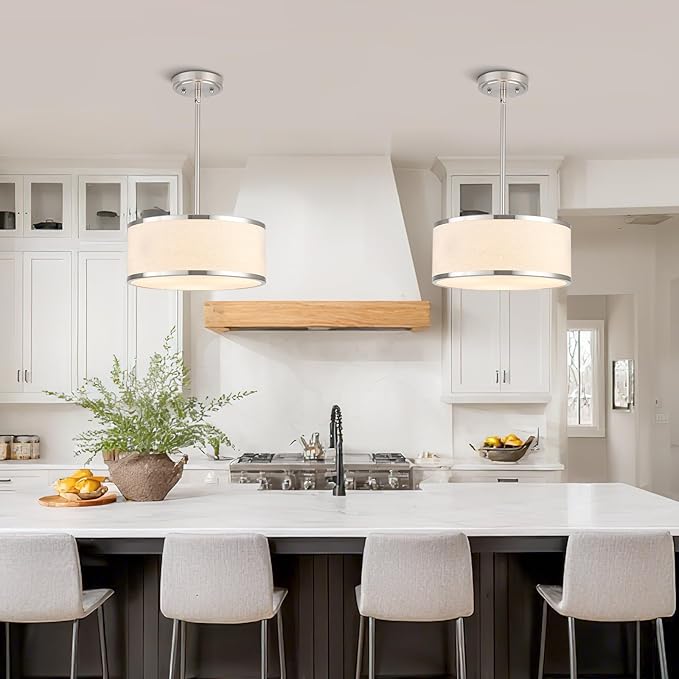 12.6" Drum Pendant Light Fixture 3-Light Brushed Nickel Chandelier with Fabric Shade for Kitchen Dining Room Living Room Bedroom