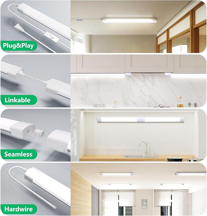 Under Cabinet Lighting 1.4FT 5000K Linkable Closet Plug in Lights, 16W 1800LM LED Light Bar for Room Office Garage Shop Bathroom Workbench, IP66 Waterproof