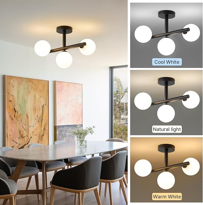 Globe Milk Glass Ceiling Light: Black 3 Lights Sputnik Chandelier - Linear Mid Century Modern Semi Flush Mount Ceiling Light - 13 Inch Brass Lighting Fixture with Sphere Shade for Bedroom Living Room