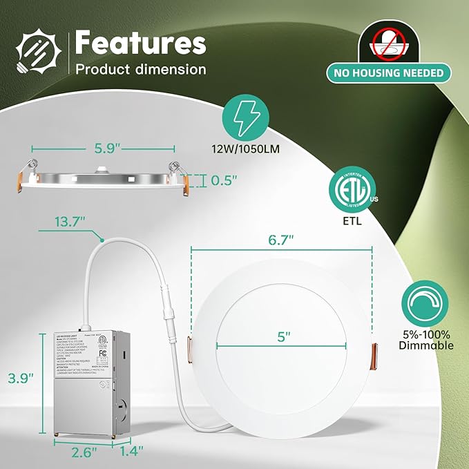 FREELICHT 24 Pack 6 Inch 5CCT Ultra-Thin LED Recessed Ceiling Light with Junction Box, 2700K/3000K/3500K/4000K/5000K Selectable, 1050LM Brightness, Dimmable Canless Wafer Downlight, 12WEqv110W-ETL&FCC