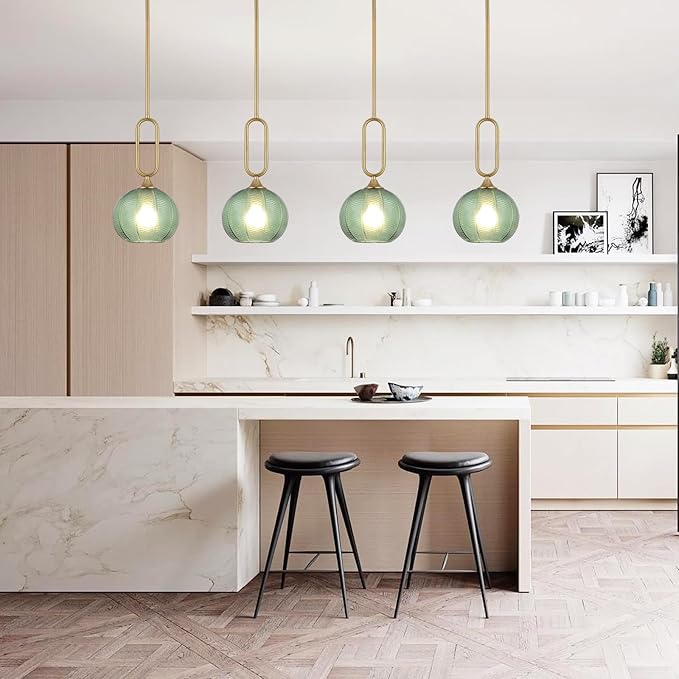 Green Glass Pendant Light Modern Globe Pendant Lighting Nordic Ribbed Gold Ceiling Hanging Chandelier with Brushed Brass Adjustable Rods Dining Room Kitchen Island Light Fixture