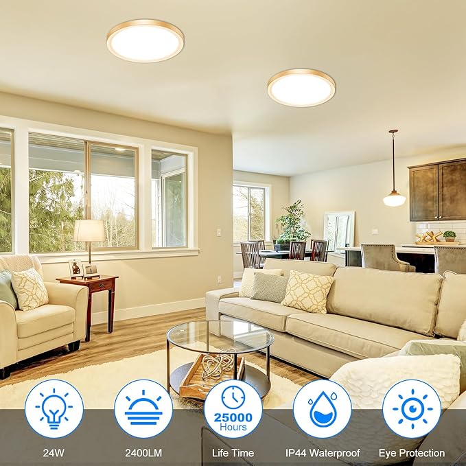 Peasur 12 Inch LED Ceiling Light Gold, 24W Slim Flush Mount Ceiling Light 3000K/4000K/6500K Adjustable, Modern Round Ceiling Lighting for Bedroom, Living Room, Kitchen