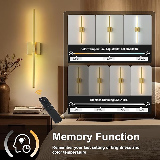 KARTOOSH 28.3 Inch Battery Operated Wireless Wall Sconce, 360° Rotatable Detachable Modern Wall Lamp with Remote Control Stepless Dimmable 3000K-6000K LED Light for Bedroom, Living Room Gallery Gold