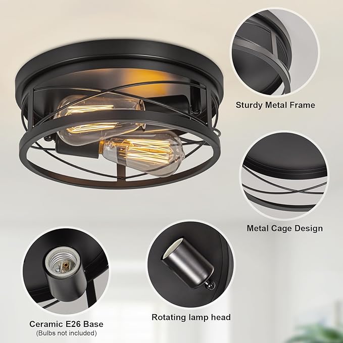 Farmhouse Ceiling Light Fixture Black Flush Mount Ceiling Light 2-Light Industrial Metal Cage Ceiling Lights for Hallway, Foyer, Kitchen, Dining Room Bedroom Living Room Laundry