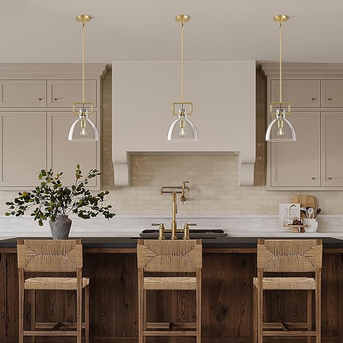 10 Inch Knurled Large Brass Blown Glass Modern Kitchen Island Pendant Light Fixtures,1 Light Island Pendant Lighting,Single Pendant Light,for Foyer, Entryway, and Dining, Includes Two Bulbs