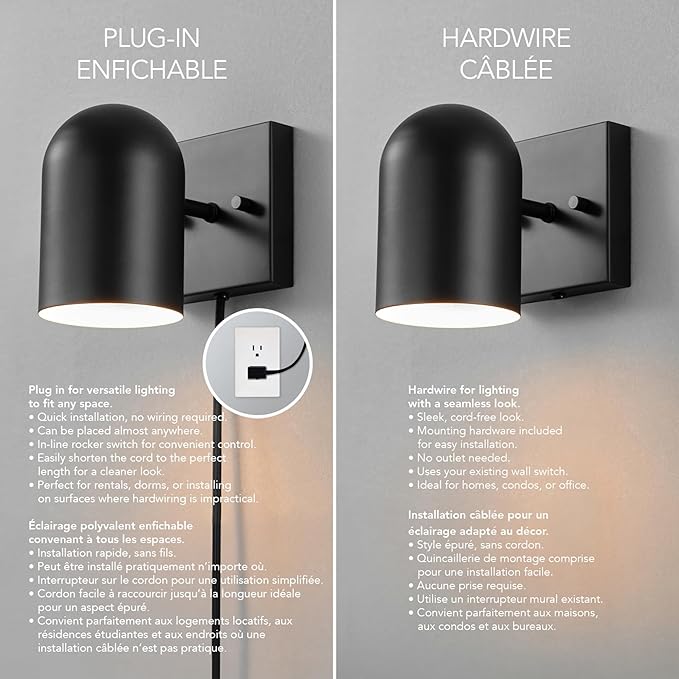 Globe Electric 65000098 1-Light Plug-in or Hardwire Wall Sconce, Matte Black, 6ft Braided Fabric Cord, in-Line Rocker Switch, Modern Lighting for Apartments or Renters, Lights for Living Room