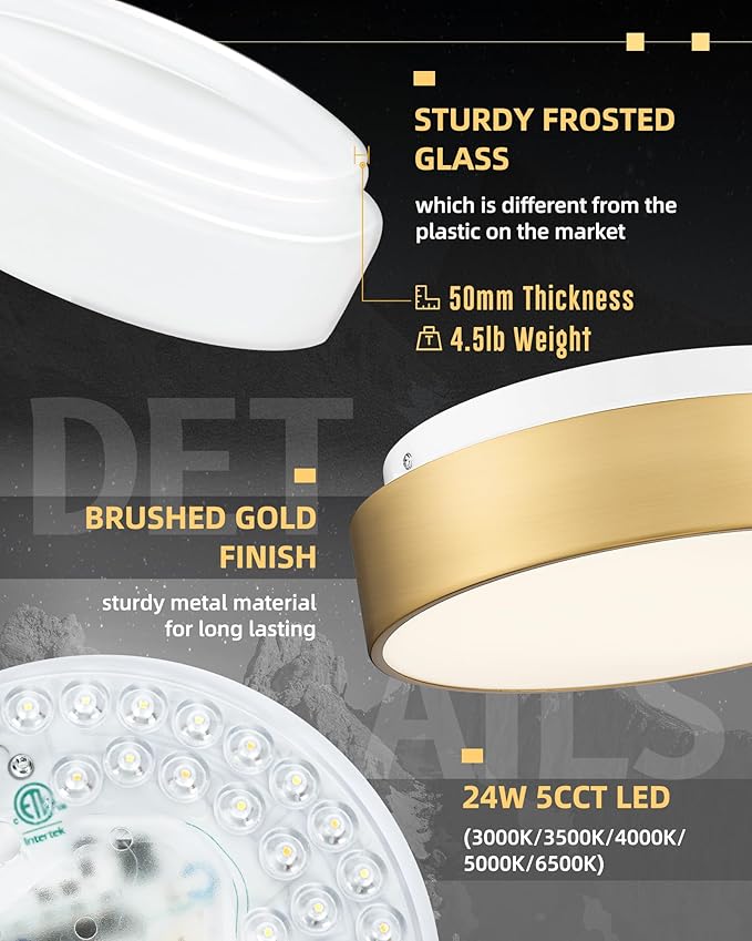 AUTELO LED Close to Ceiling Light Fixture 12" LED 18W Flush Mount Ceiling Light Fixtures with Frosted Glass Shade in Brass Finish for Kitchen LivingRoom Hallway Bedroom C3312 BRZ LED