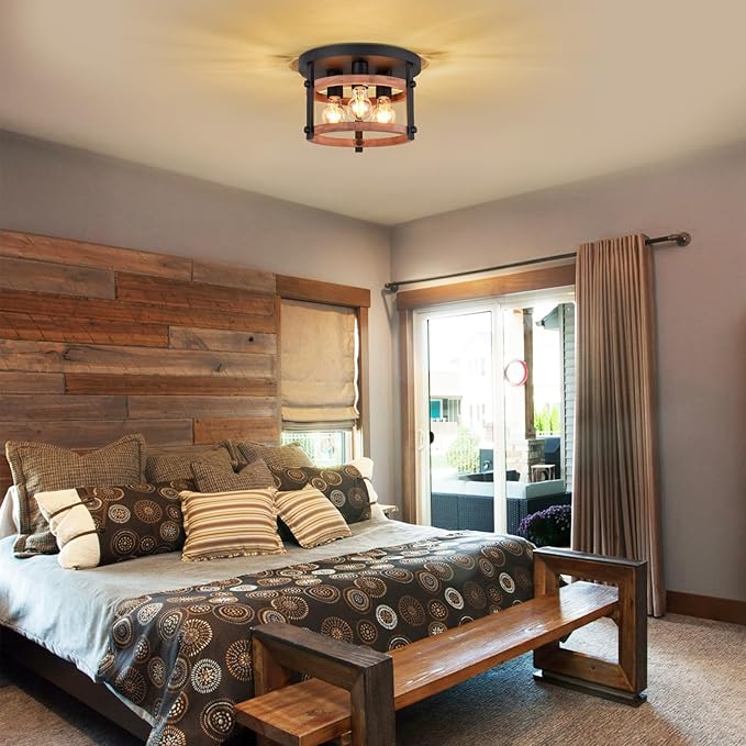 3-Light Flush Mount Wood Ceiling Light Black Metal and Round Wood Frame Hallway Ceiling Light 12 inch Retro Rustic Light Fixtures for Farmhouse, Kitchen, Foyer,Entryway, Bedroom, Dining Room