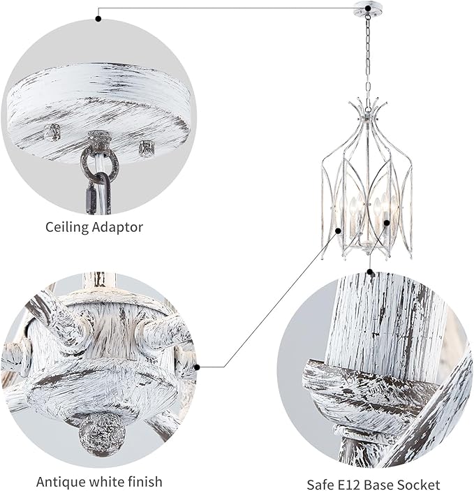 WUZUPS Lantern Pendant Chandelier Rustic Metal Cage Light Modern Lighting Fixture for Kitchen Diningroom Bathroom Livingroom, H 25.4" x W 14.2", E12 Base, Anqitue Whiute