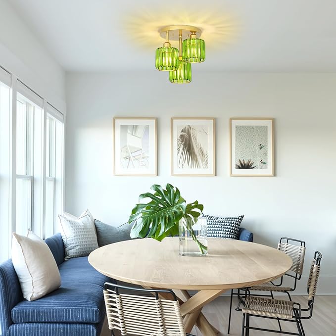 Green Crystal Close to Ceiling Light Fixtures,3-Light Modern Semi Flush Mount Ceiling Light,Kitchen Light Fixture with Crystal Shades,Hallway Lighting Fixture for Entryway Bedroom Bathroom