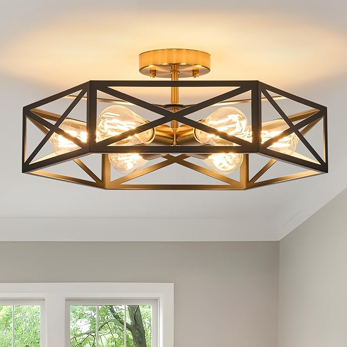 Modern Farmhouse Black and Gold Ceiling Light,Industrial Semi Flush Mount Ceiling Lighting Fixture,Hexagonal Lighting Fixtures for Kitchen,Bedroom,Living,Dining Room,Laundry Room,6-Light